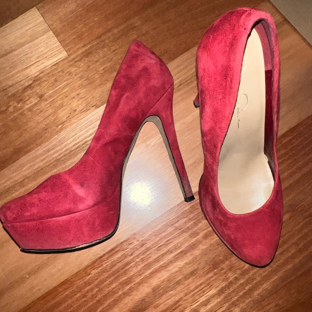 Jessica Simpson red velvet platform stilettos